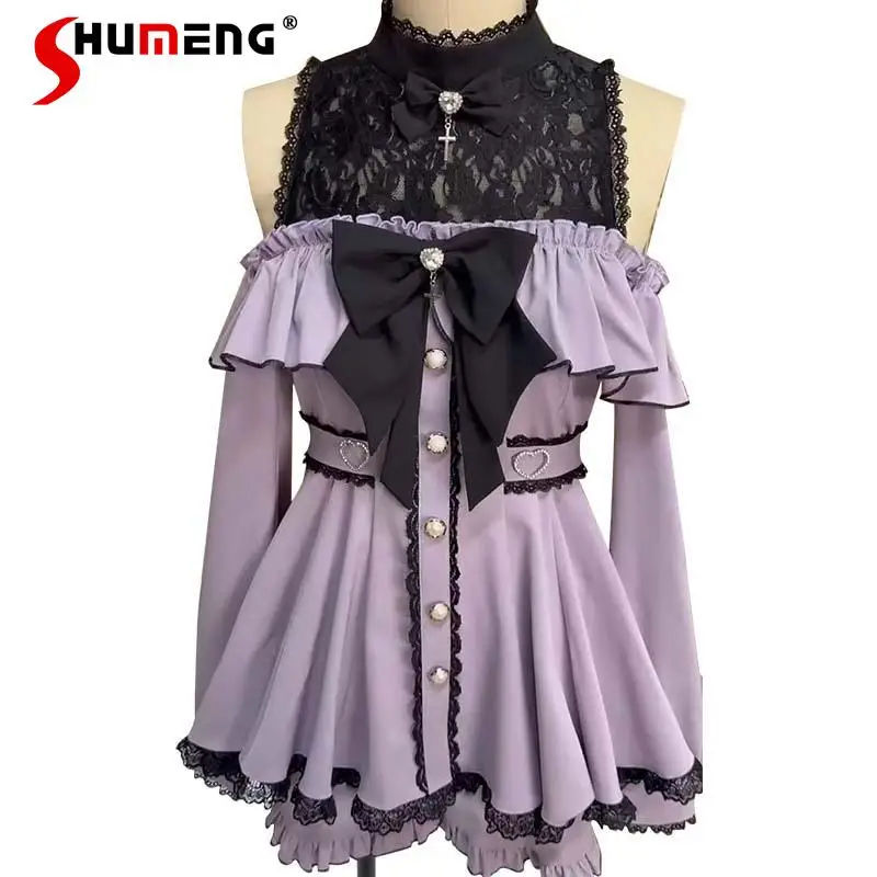 

Japanese Rojita Style Vestidos SC Mine Series Mass-produced Off-the-shoulder Lace Splicing Long-sleeved Dress Y2k Clothes Female