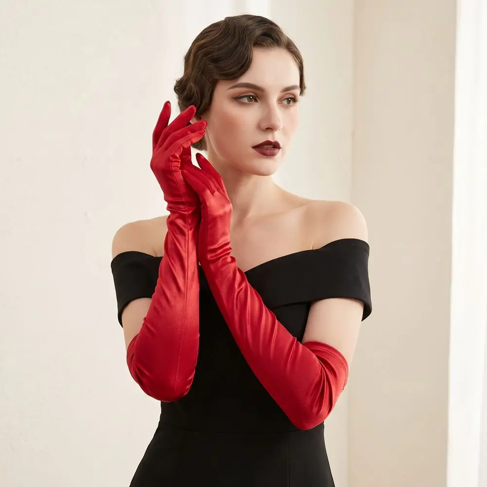 Shiny Solid Color Satin Gloves 1920s Retro Long Gloves Elbow Length Full Finger Etiquette Mittens Women
