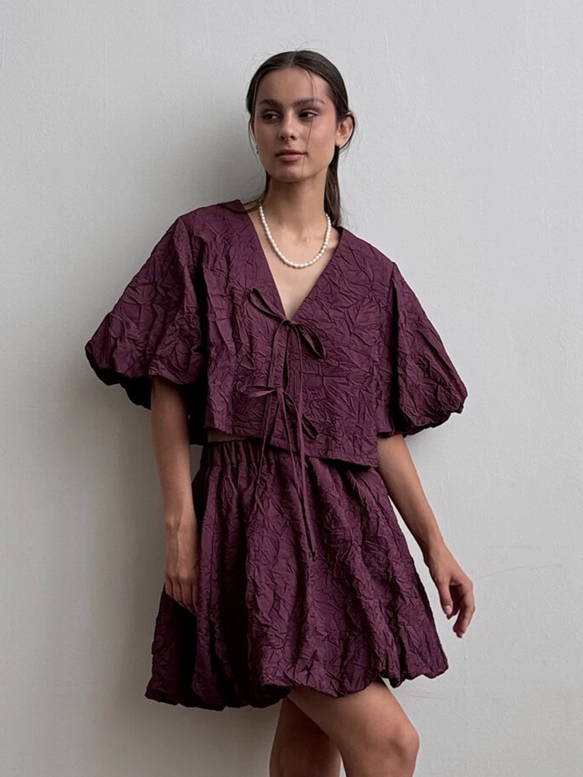 Marthqiqi Casual Female Nightgown Set V-Neck Pajamas Short Sleeve Nightie Lace Up Crop Top Nightwear Shorts Loose Sleepwear Suit