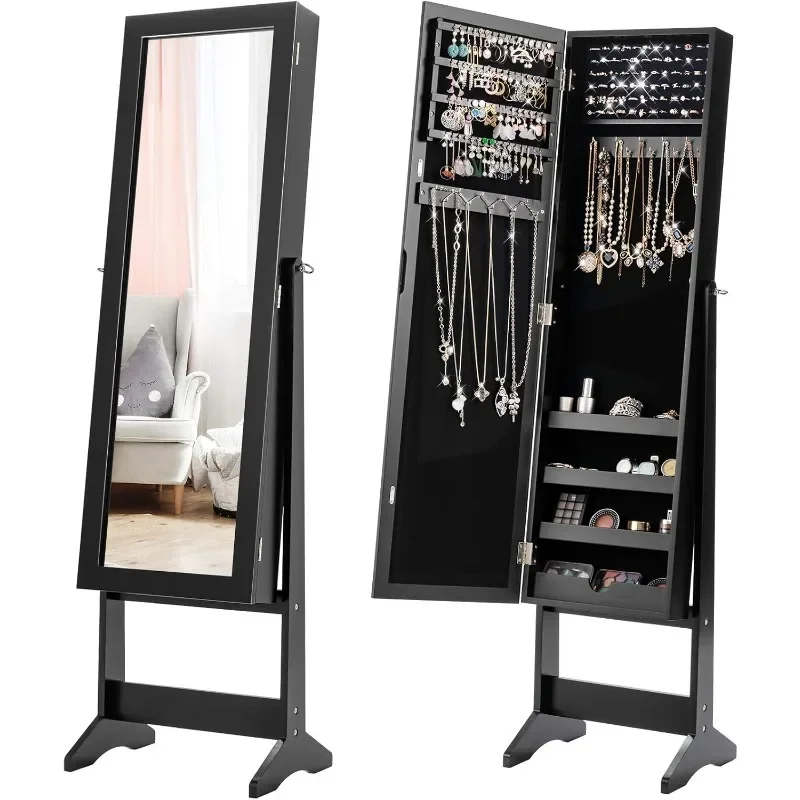 Jewelry Cabinet with Full-Length Mirror, Standing Jewelry Armoire Organizer with 64 Earring Slots, 72 Ring Slots, 20 Necklace