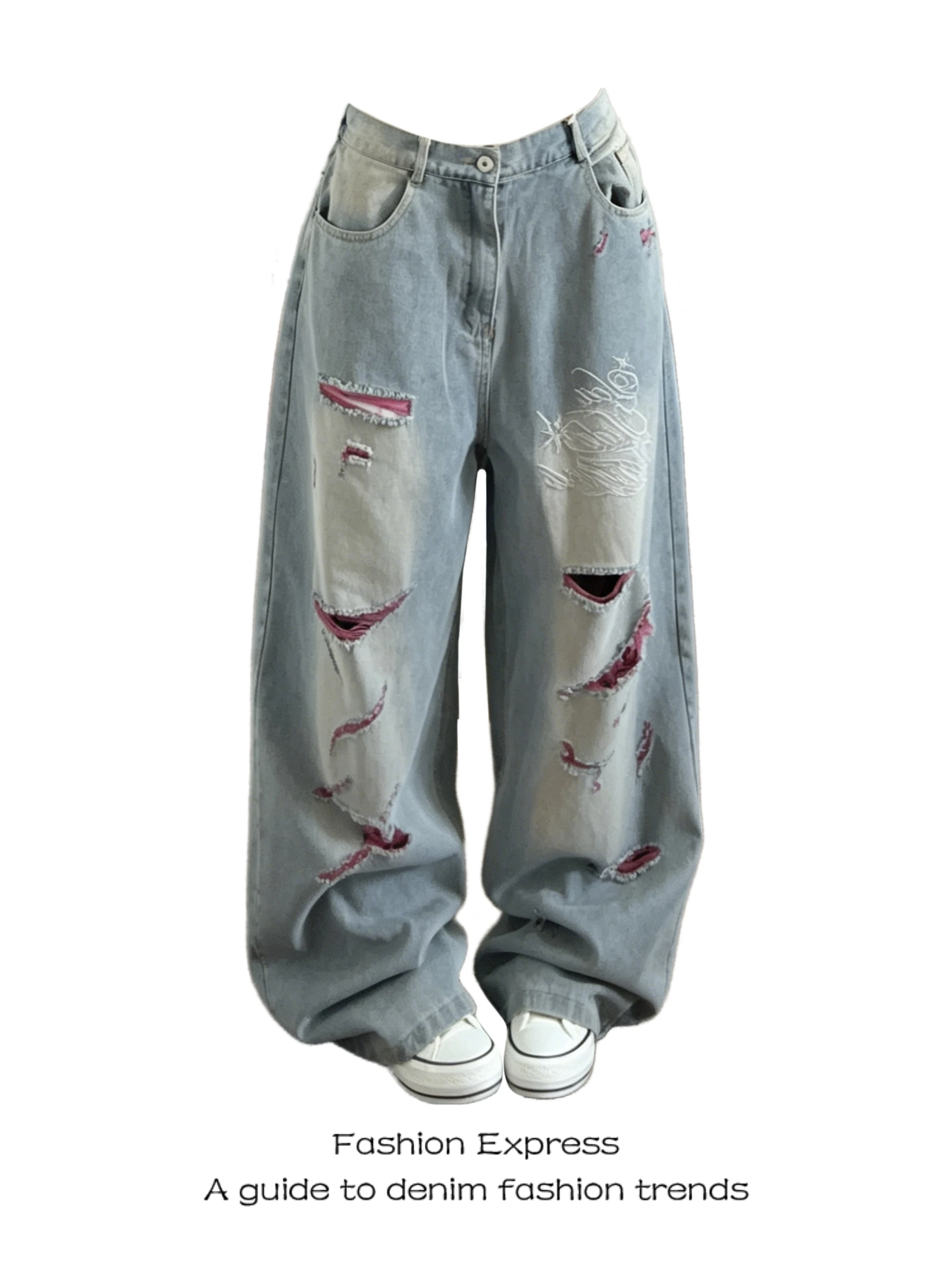 

High Waist Wide Leg Jeans Women's Summer Thin Style Loose Simple High-End Feeling Washed Hole Long Pants Casual Style
