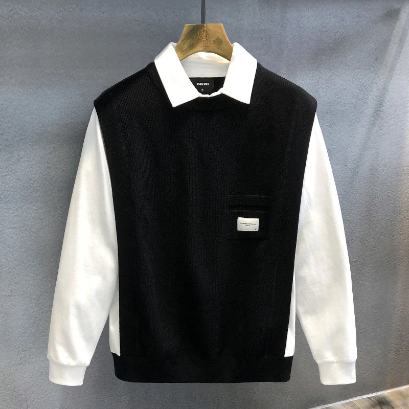 Autumn Winter Fashion Turn-down Collar Long Sleeve Fake Two Pieces Pullovers Men's Clothing Korean Casual All-match Trend Tops