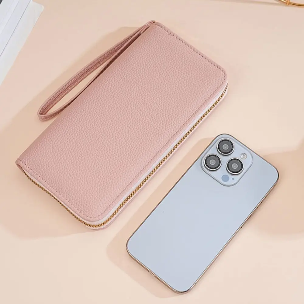 Luxury Leather Long Wallet With Wrist Strap Solid Color Multi Card Holder Large Capacity Phone Handbag Women - view 6