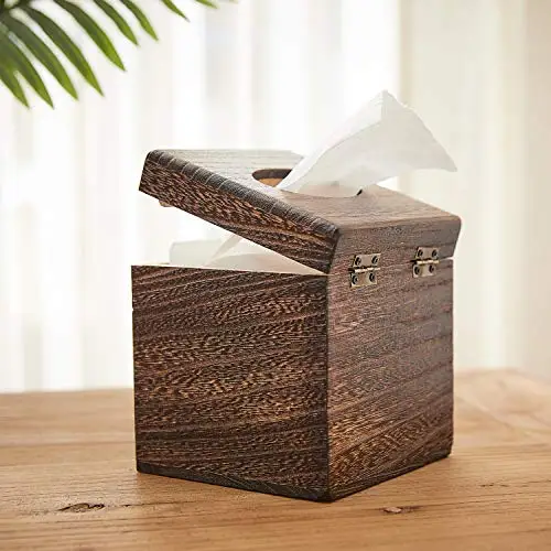 

Square Wooden Tissue Dispenser With Hinged Lid And Metal Clasps For Living Room Bathroom Decor