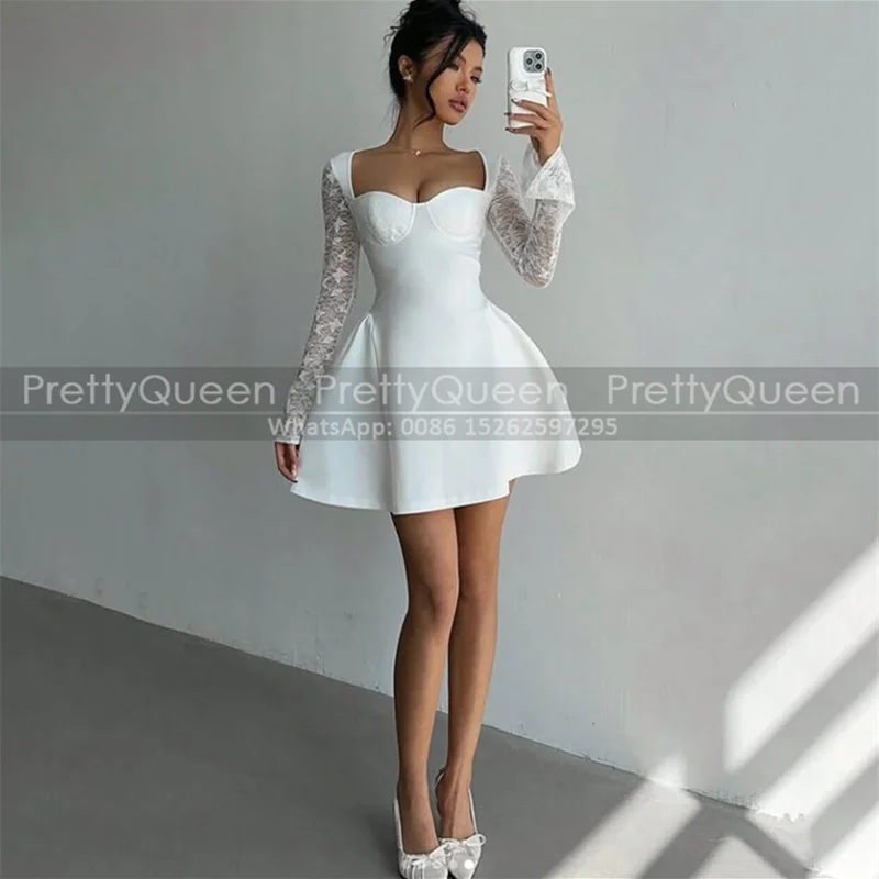 

Sheer Lace Short Wedding Dress A Line Long Sleeves Square Neck Customized White Mini Bohemia Dresses Bridal Gown