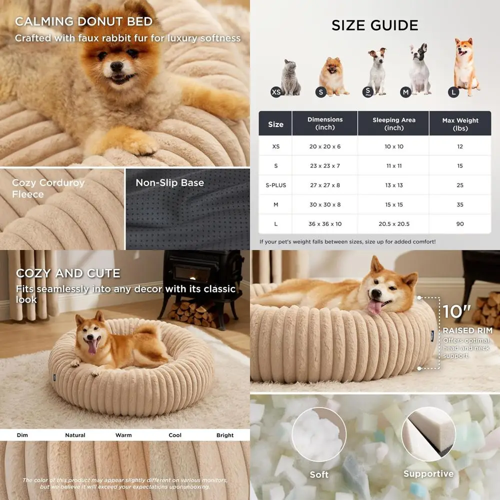 

Большая кровать для собак Donut — моющийся искусственный мех с вельветовым флисом и противоскользящим дном, круглая кровать для домашних животных со съемным чехлом, песчаный бежевый