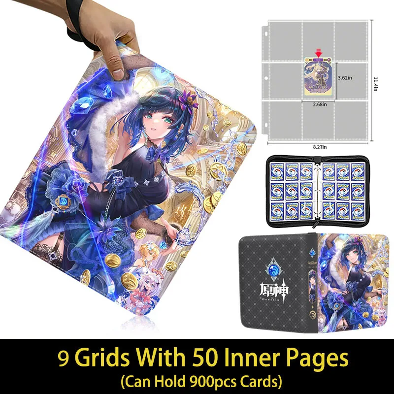 Genshin Impact Card Binder Collector Book Folder 4/9 Pocket Zipper Anime Trading Game Card Album Holder con 50 pagine interne