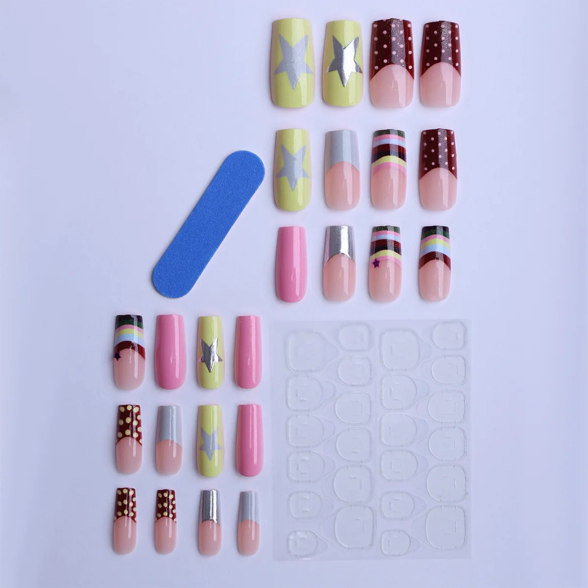 24 Stück Dopamin Regenbogen Graffiti Französischer Stil Press On Nails Y2k Silver Star Coffin Fake Nails Gelb Weiß Wave Point Falscher Nagel