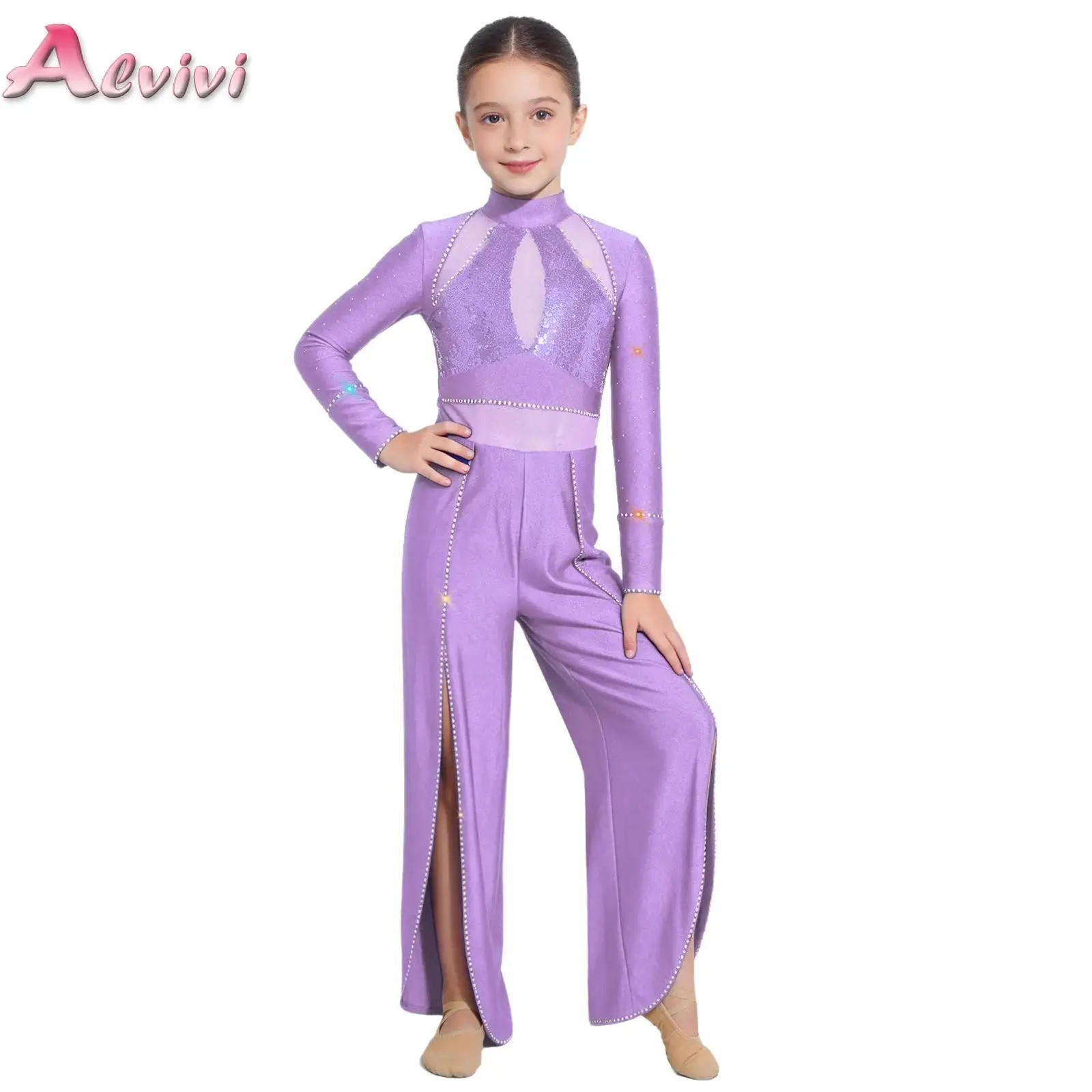 

Kids Girls Ballet Lyrical Dance Jumpsuit Long Sleeve Sequins Mesh Patchwork Split Wide Leg Bodysuit Latin Jazz Modern Dancewear