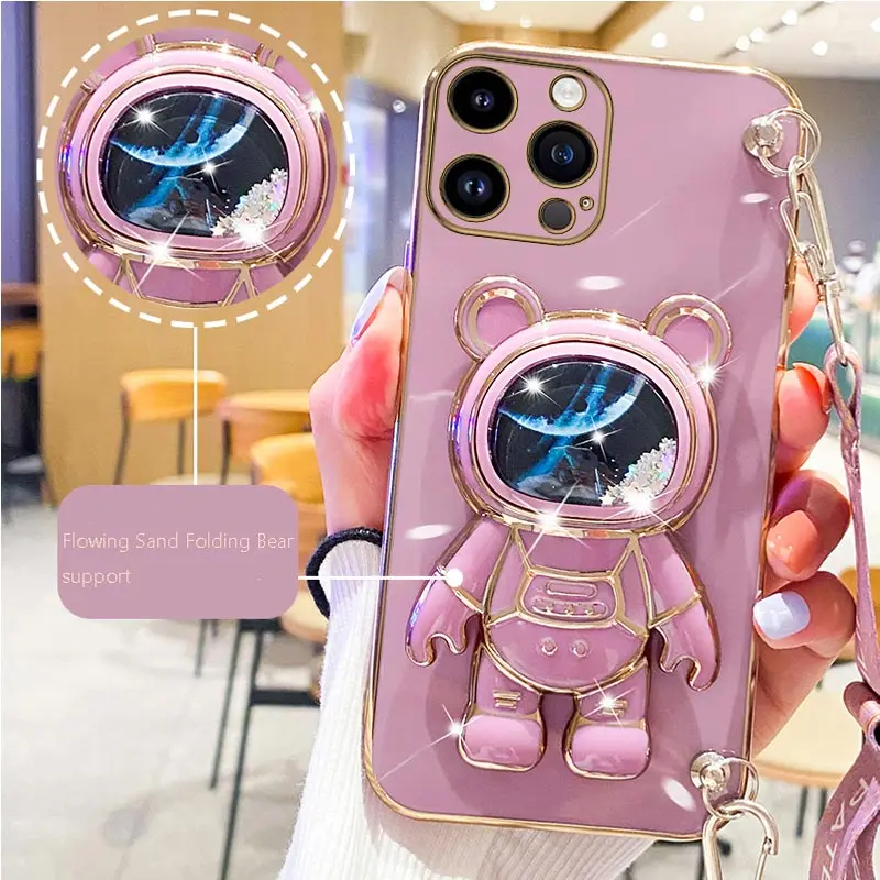 Quicksand Astronaut Strap Holder Case For iPhone 14 13 12 11 15 Pro Max 13Pro 12Pro X XR Xs Max 6 7 8 Plus Stand Fundas Cover