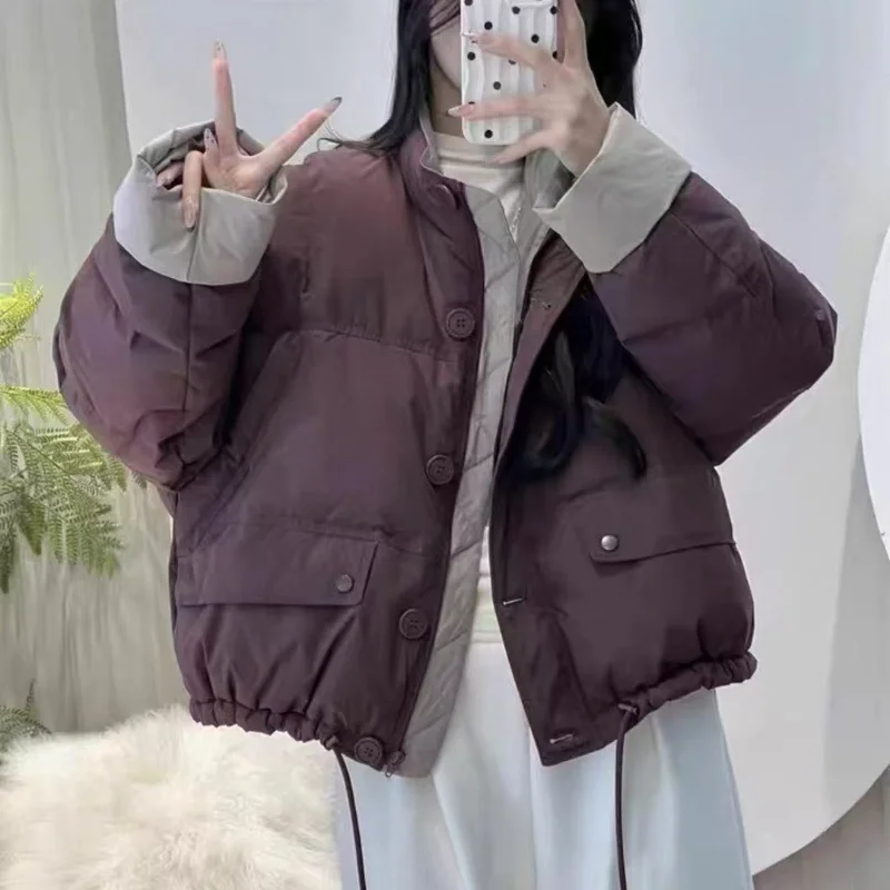 Oversized kort donsjack met contrasterende kleur voor dames 2025, nieuwe wintermode, veelzijdige pufferjas, verdikt