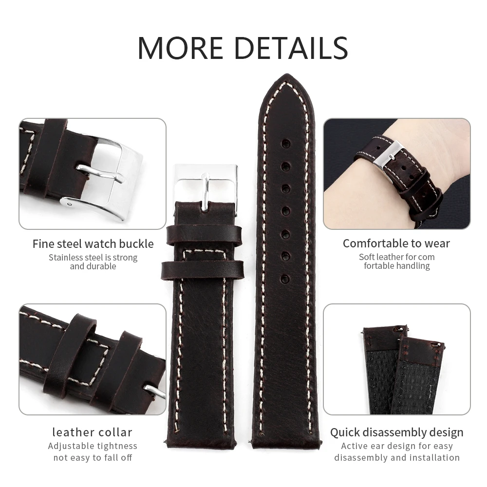 Genuine  Leather Watchband High Quality Bracelet Watch Band 16mm 18mm 20mm 22mm Oil Wax Crazy Horse Quick Release Watch Strap