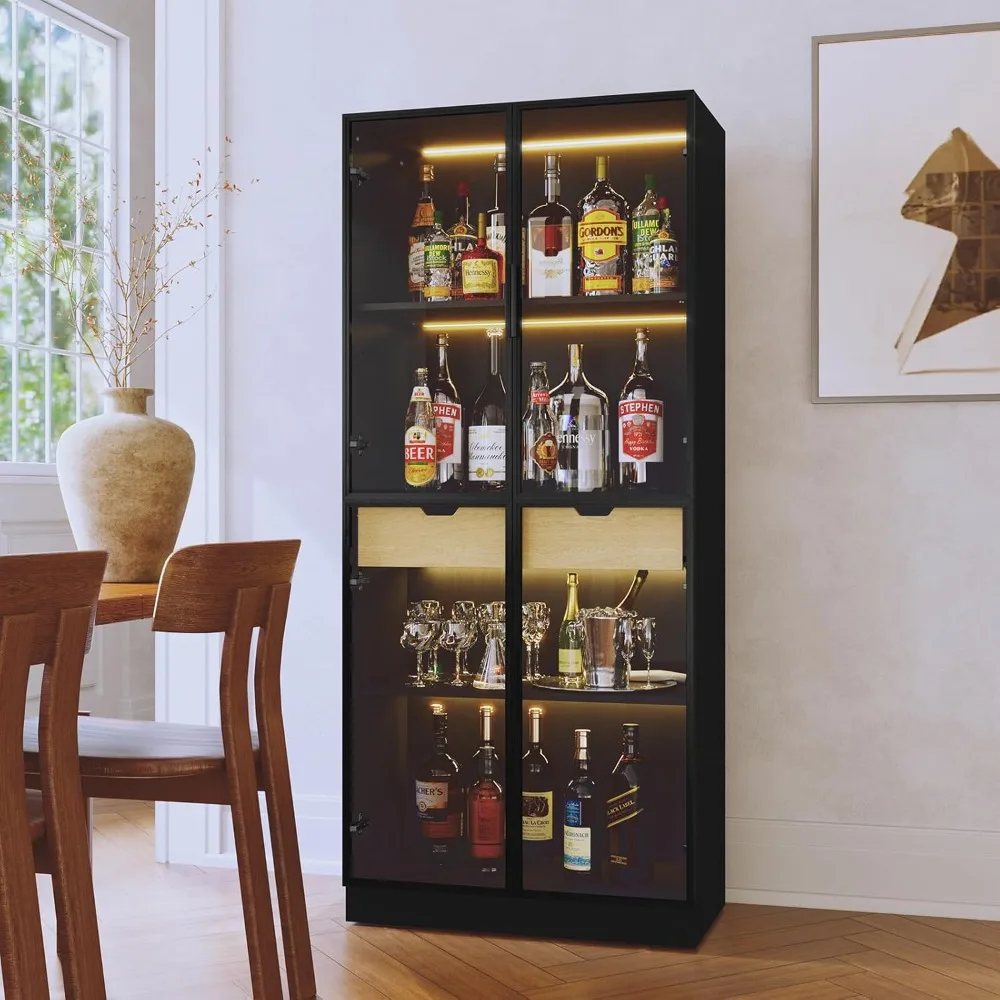 

68" Tall Wine Bar Cabinet with Light, Modern Liquor Cabinet with 4-Tier Storage Shelves and Drawers, Display Cabinet