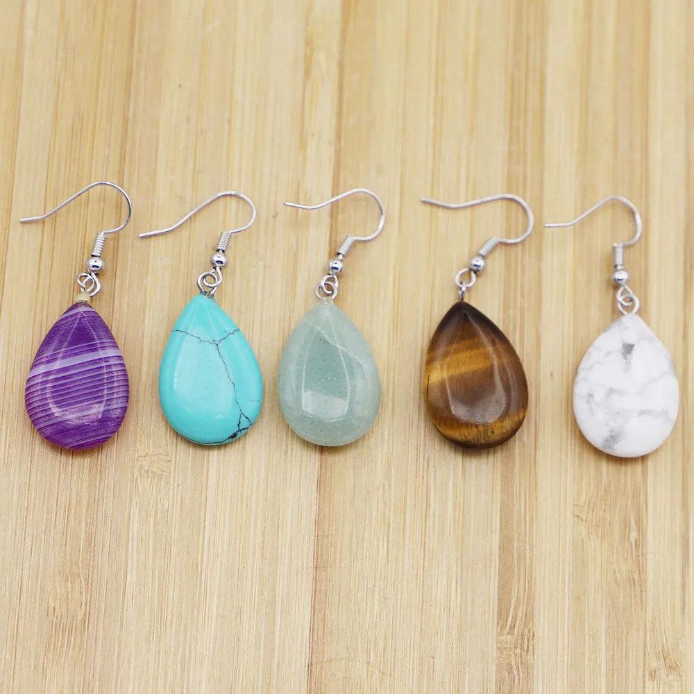 1Pair Natural Stone Flat Water Drop Earrings Pendant Rose Quartz Opal Crystal Agate Dangle Women Party Wedding Jewelry Wholesale