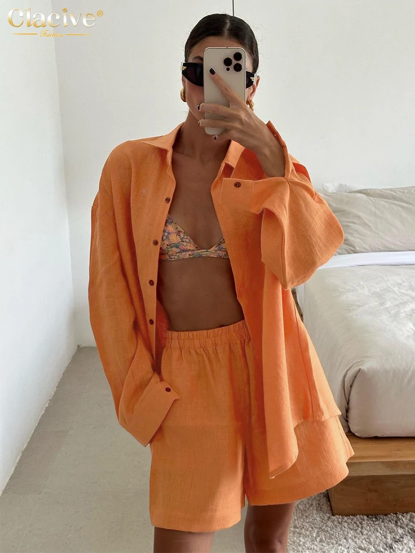 Clacive Casual Loose Orange Cotton 2 Piece Set Women Outfit 2024 Elegant Long Sleeve Shirt With High Waist Shorts Set Streetwear