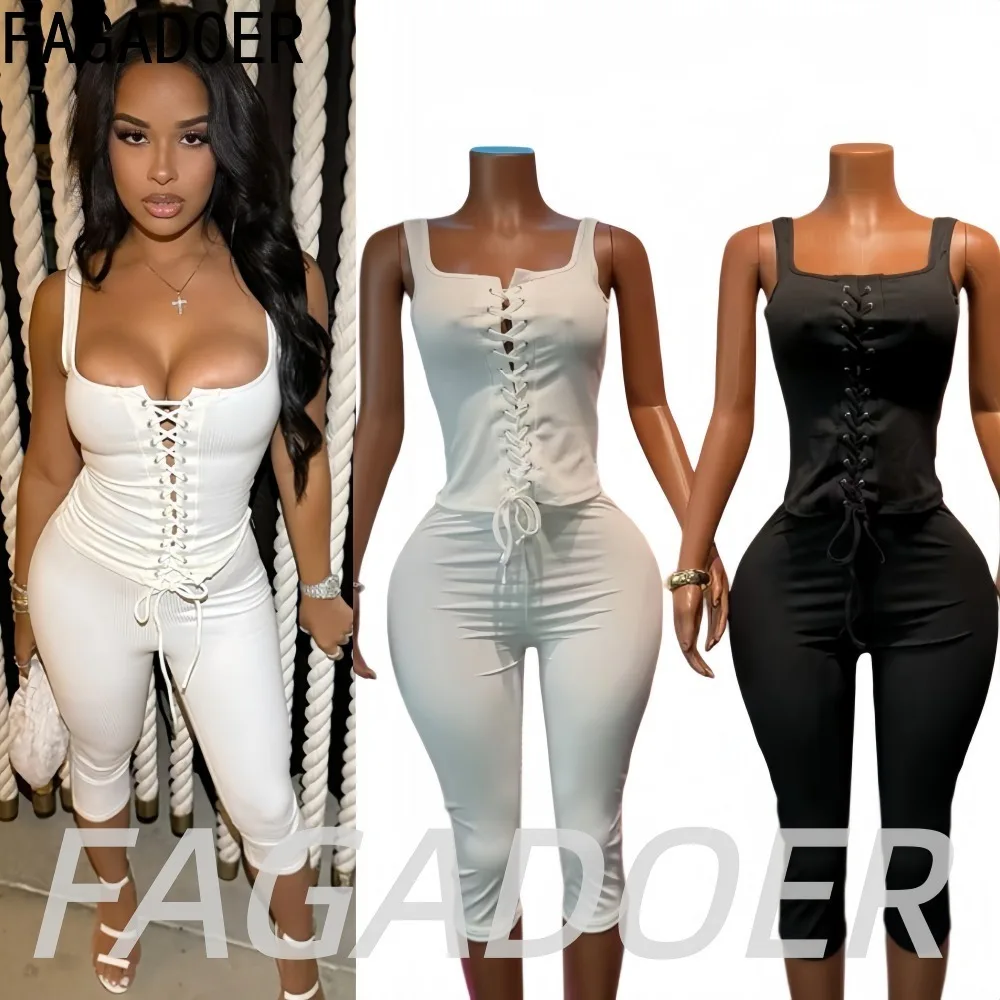 FAGADOER Y2K Fashion Ribbed Bodycon Shorts Two Piece Sets Streetwear Off Shoulder Lace-Up Corset Crop Top + Capri Pants Outfits