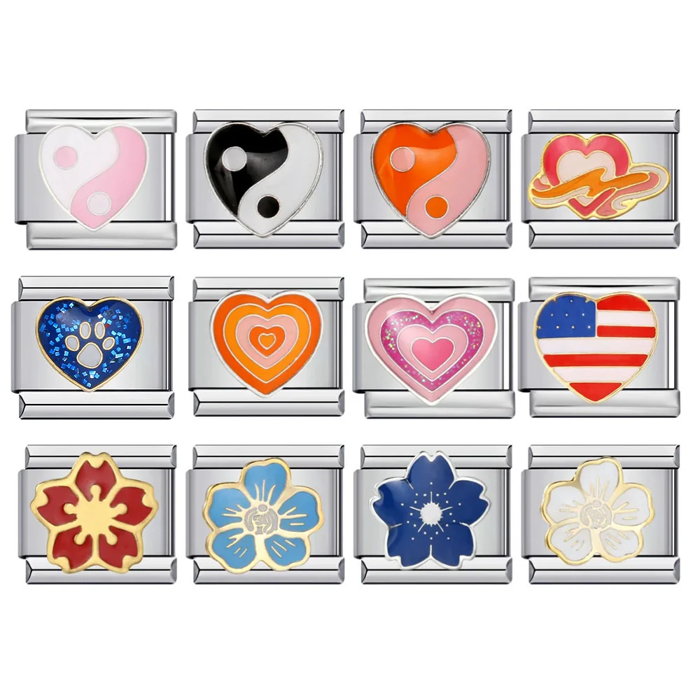 Y2k Colorful Sweet Cute Heart Star Tai Chi Flower Italian Charm Links Fit 9mm Stainless Steel Bracelet Jewelry DIY Making