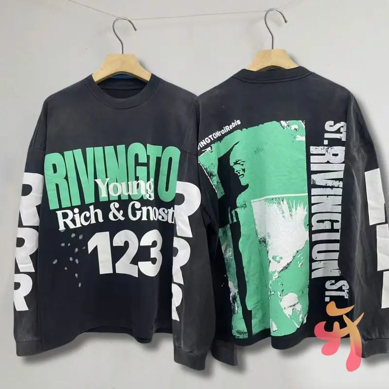 

Stock New Retro Washed Black Graffiti Long Sleeved T-shirt American Hiphop Streetwear RRR123 Sweatshirt Men Women Cotton Tops