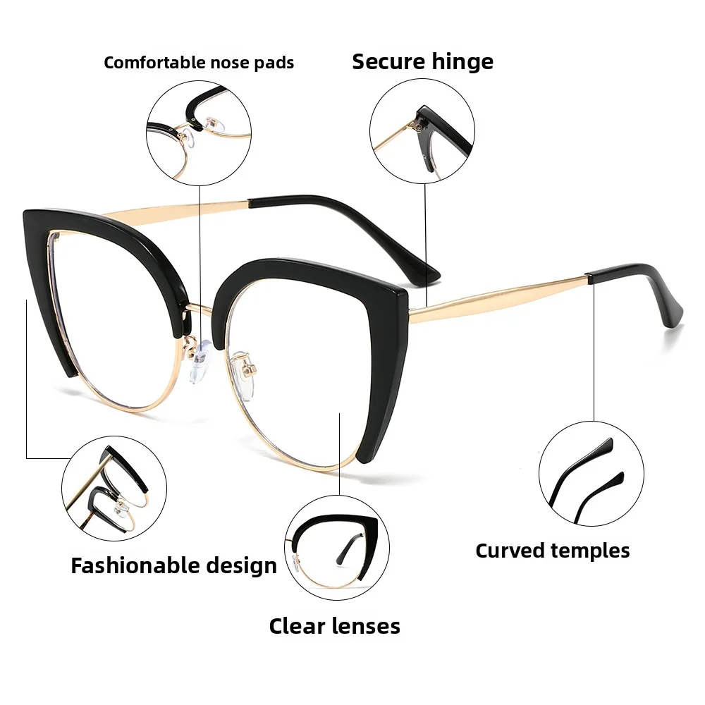 เลนส์แบนตาแมวย้อนยุค คิ้วพลาสติกสีทอง แว่นกรอบใหญ่ครึ่งกรอบ แว่นตาป้องกันแสงสีฟ้าอินเทรนด์สําหรับผู้หญิง
