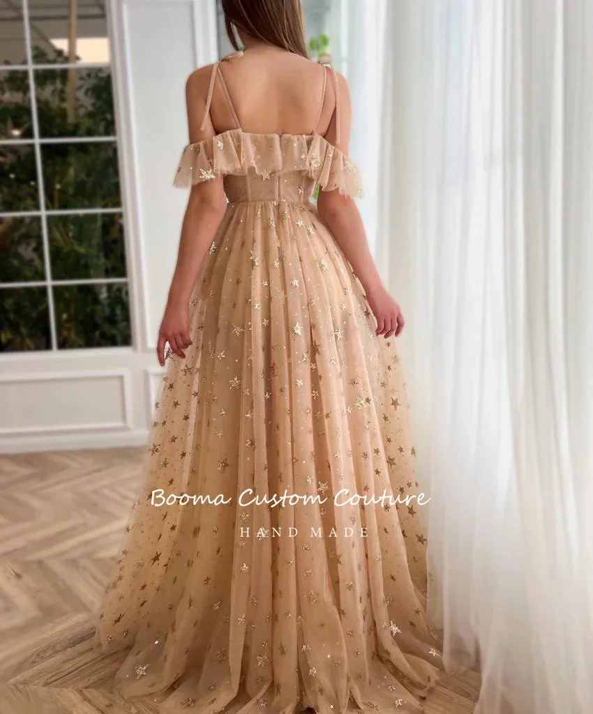 Booma Champagne Starry Tulle Prom Dresses Spaghetti Straps Ruffles High Slit A-Line Party Dresses Maxi Formal Evening Gowns