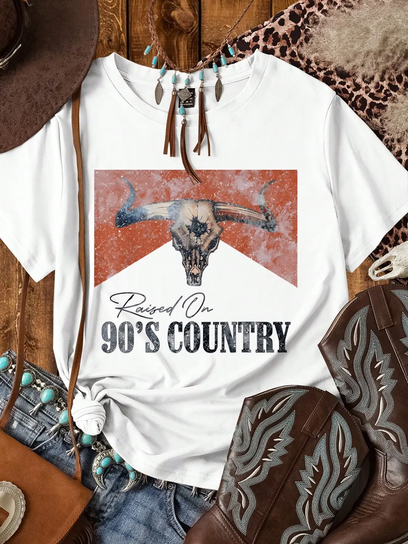 

Women's Vintage Country Skull Graphic Tee - Loose Fit Short Sleeve Cotton T-Shirt for Spring Summer