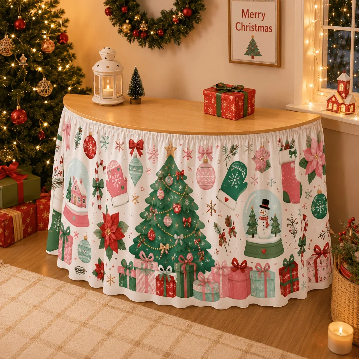 One tablecloth or table skirt. Watercolor Christmas table skirt. Pink background. Girl for Christmas.xzj