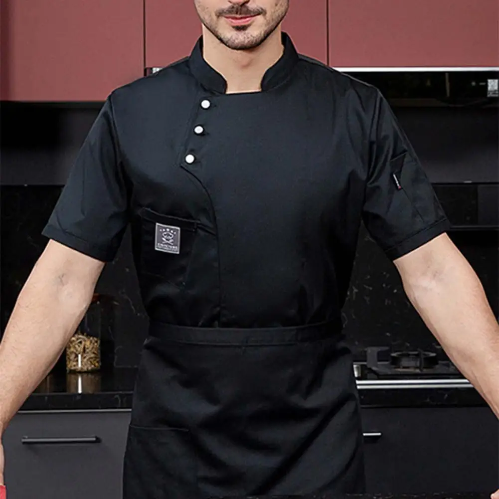 Uniforme de Chef de manga corta con hebilla de bolsillo Unisex, ropa de trabajo de Catering, panadería, restaurante, cantina, Color sólido, talla grande