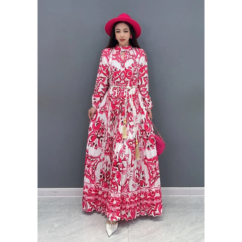 Vefadisa Red 2024 Autumn New Pleated Dress O-Neck Long Sleeve Printed Dress Loose Fashion Elegant Temperament Dress ZXY585AF1