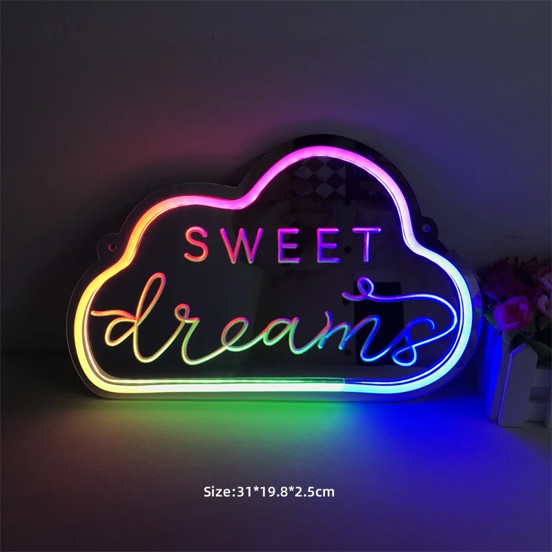 

Colorful Cloud Led Neon Sign Shine Mirror Sweet Dreams Neon Light Party Christmans Decoration Led Sign Kawaii Room Decor Lamp