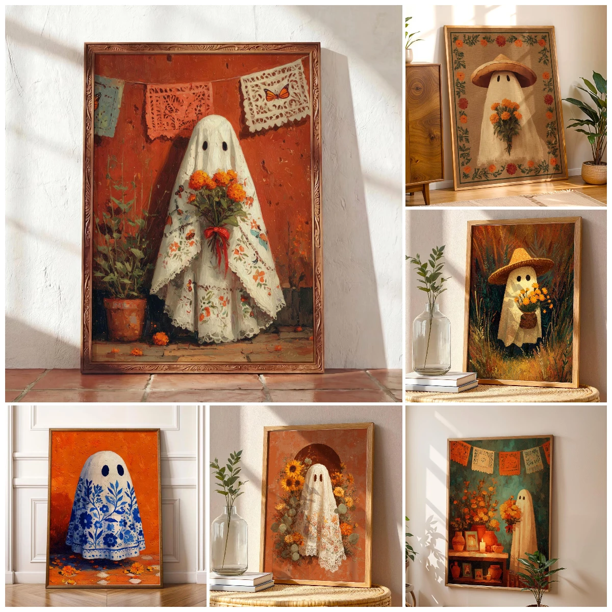 Mexican Folk Art Halloween Ghost Flowers Poster Unframed Retro Cozy Ghost Butterflies Wall Art Prints for Living Room Decoration