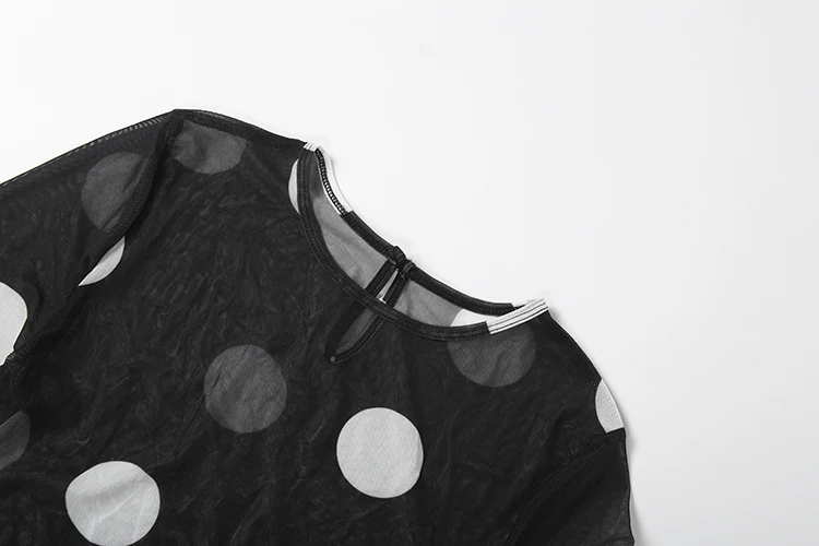 Sisterlinda Frau Sexy durchsichtiges Kleid + Kopftuch mit Polka-Dot-Print, O-Ausschnitt, volle Ärmel, Robe, Mitternachtsclub-Party, modische Kleider – Detail 7