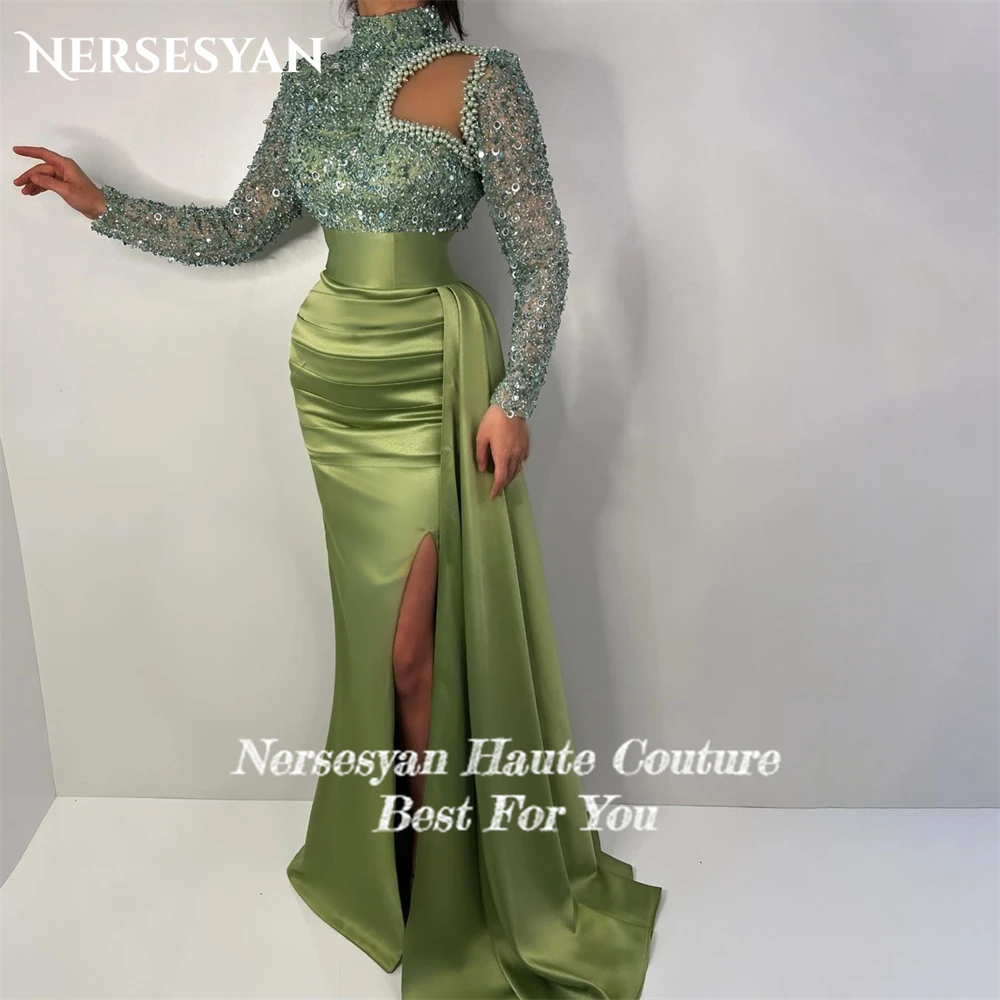 Nersesyan Green Glitter Meramid Evening Dresses High Neck Sparkly Sequins Pleats Prom Dress Pearls Pageant Celebrity Party Gowns