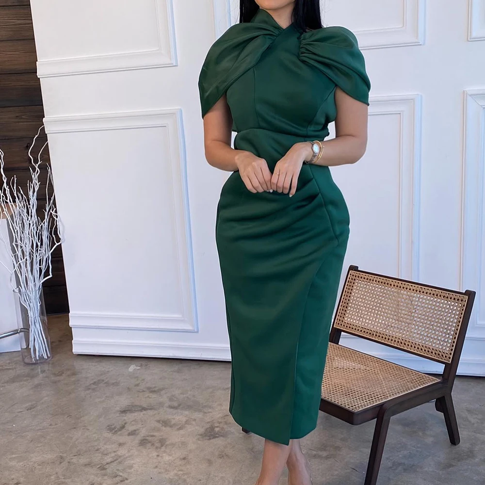 

Customized Classic Off the Shoulder Tea Length Pleats Evening Dress Graceful Straight Satin Green Party Gown vestidos para mujer