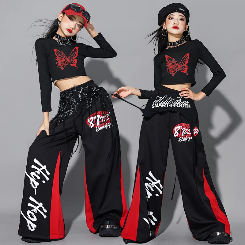 

Детская одежда для джазовых танцев, красный, черный танцевальный наряд Kpop, укороченный топ, брюки-ташины, детский костюм в стиле хип-хоп, модная уличная одежда 2820