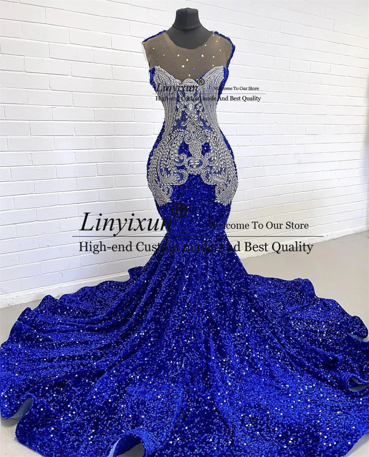 Royal Blue Sequin Velvet Diamond Prom Dresses Black Girl Mermaid Beads African Formal Evening Gala Gowns Customized Party Dress