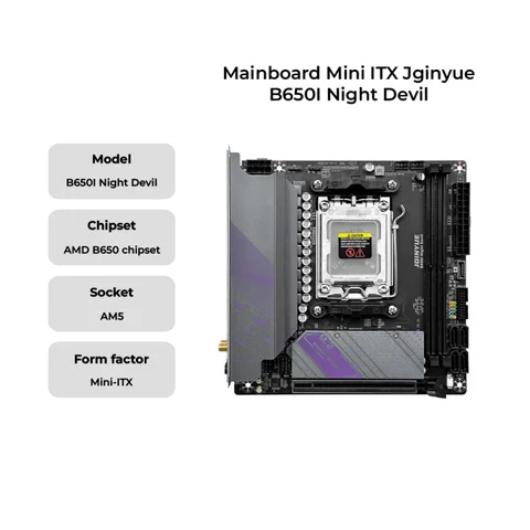 La placa base JGINYUE AM5 admite procesadores de CPU AMD Ryzen serie 7000 DDR5 memoria RAM de doble canal ITX B650i Night Devil