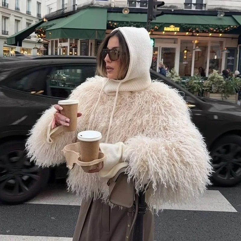Fur Coat Eco-friendly Women's Faux Fur Coat Fake Mongolia Sheep Fur Coat Ladies Faux Fur Coat Vintage Round Neck Female Clothing