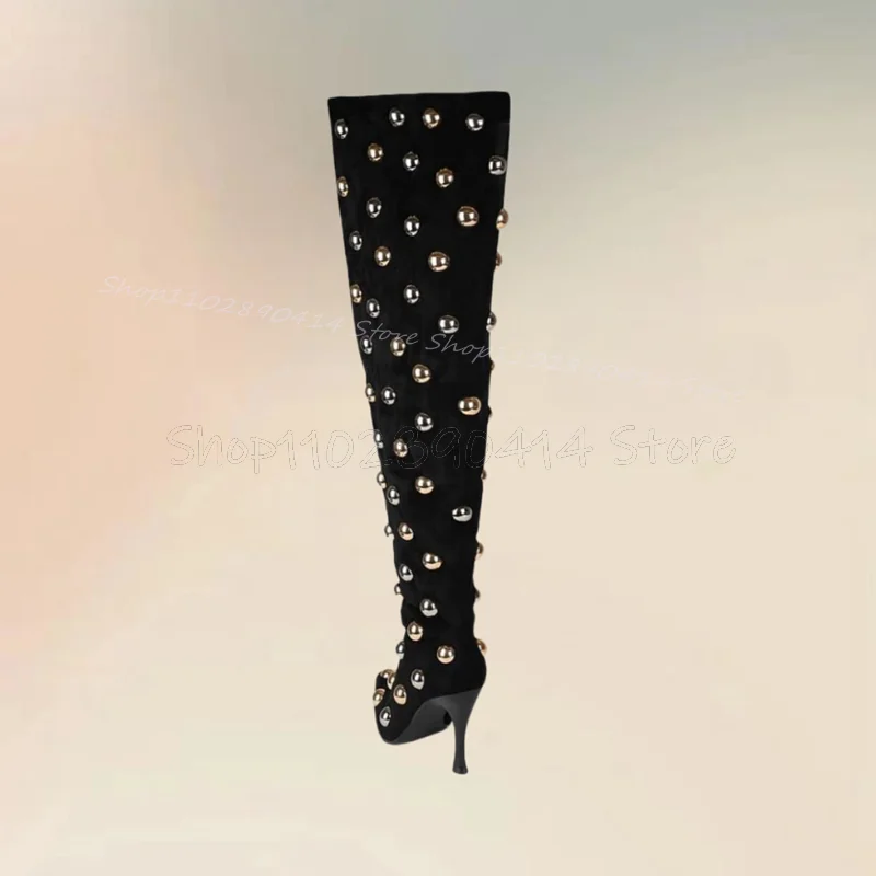 Botas puntiagudas con remaches redondos Para mujer, Zapatos de tacón alto fino, sin cordones, a la moda, Para fiesta y banquete, color negro, 2024