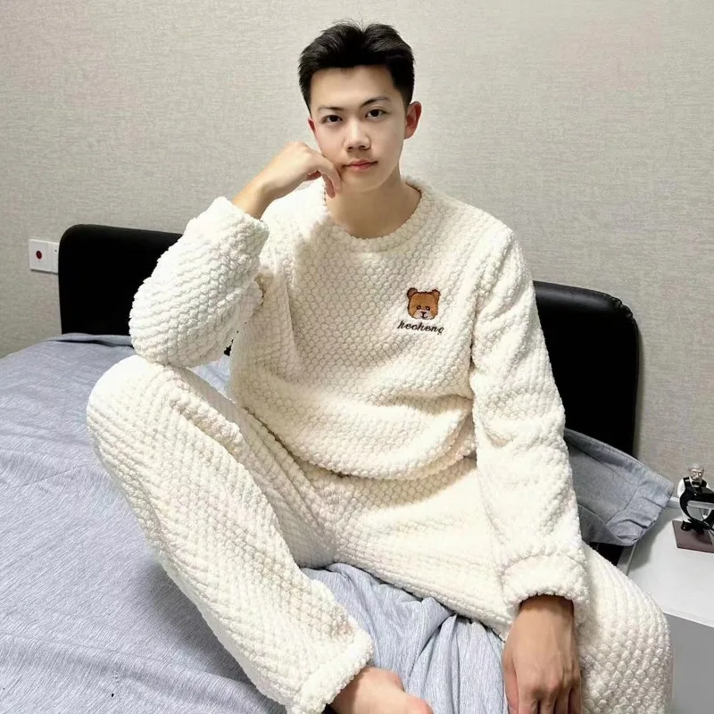 Men Pajamas Winter Flannel Thickened Fleece Large Size Casual Homewear Suit Male Coral Fleece Warm Round Neck Nightclothes 2024