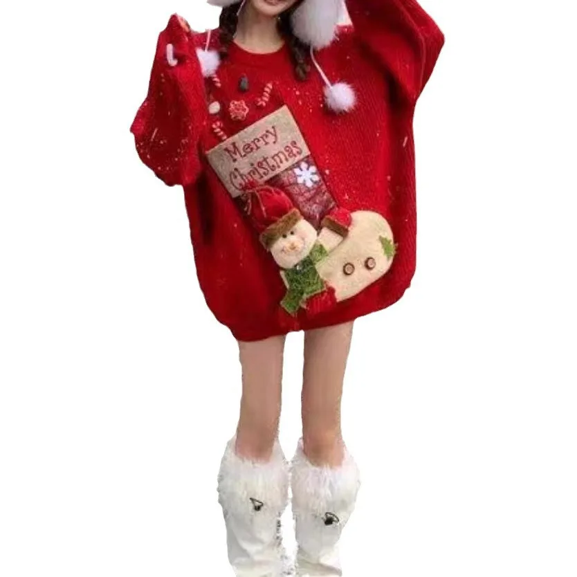 New Pull Hiver Femme Autumn Winter Christmas Theme Knitted Long Sleeve Decorative Sweater Women's Hoodie Loose New Year's Hoodie