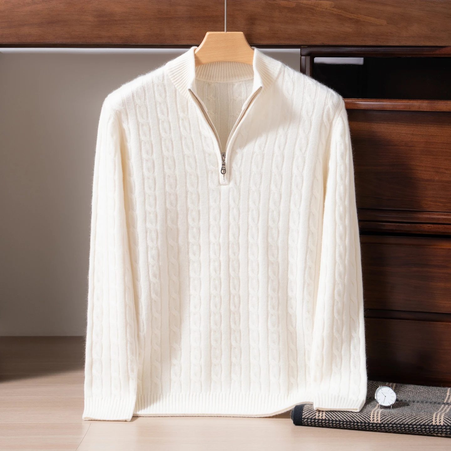 Men's High-End 100% Pure Cashmere Knitwear Half Zip Pullover Warm Top Casual Autumn Winter Stand Collar Fried Dough Twist Design