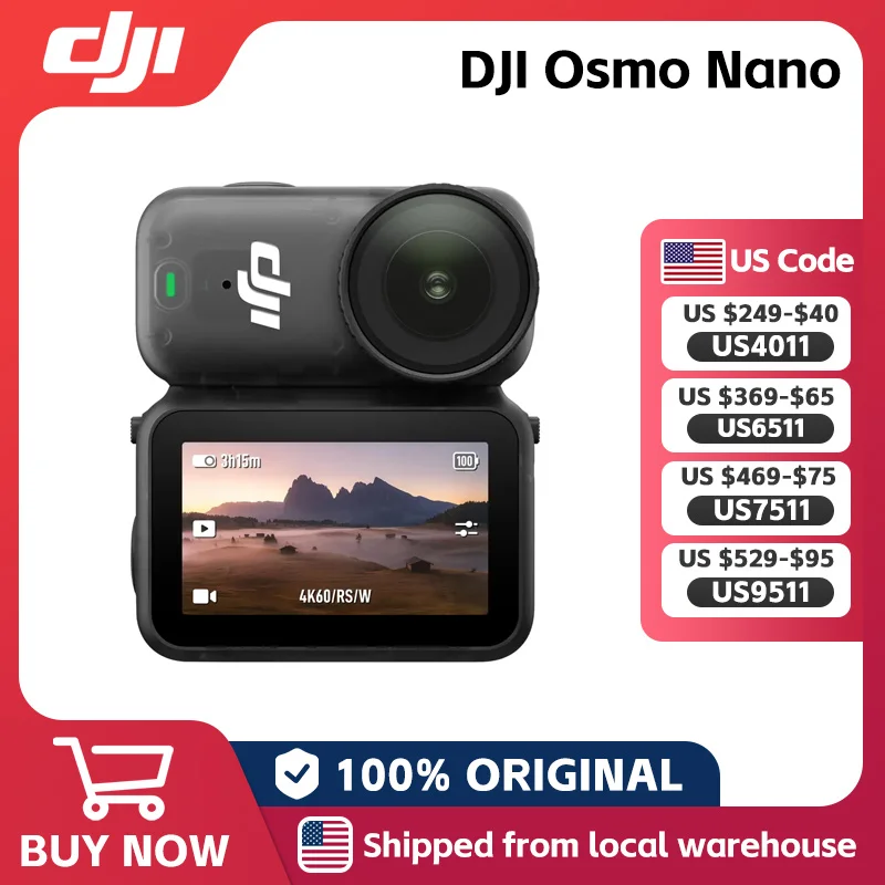 DJI Osmo Nano Standard Combo (64 ГБ/128 ГБ), датчик 1/1,3 дюйма, 4K/60 кадров в секунду и 143 °   Широкофункциональные двойные микрофоны DJI с прямым подключением