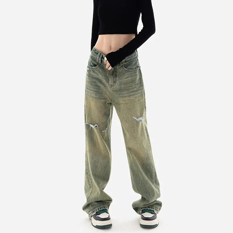 

WCFCX STUDIO рваные винтажные джинсы для женщин Y2K уличная одежда хип-хоп брюки с высокой талией Модные женские прямые брюки для мамы