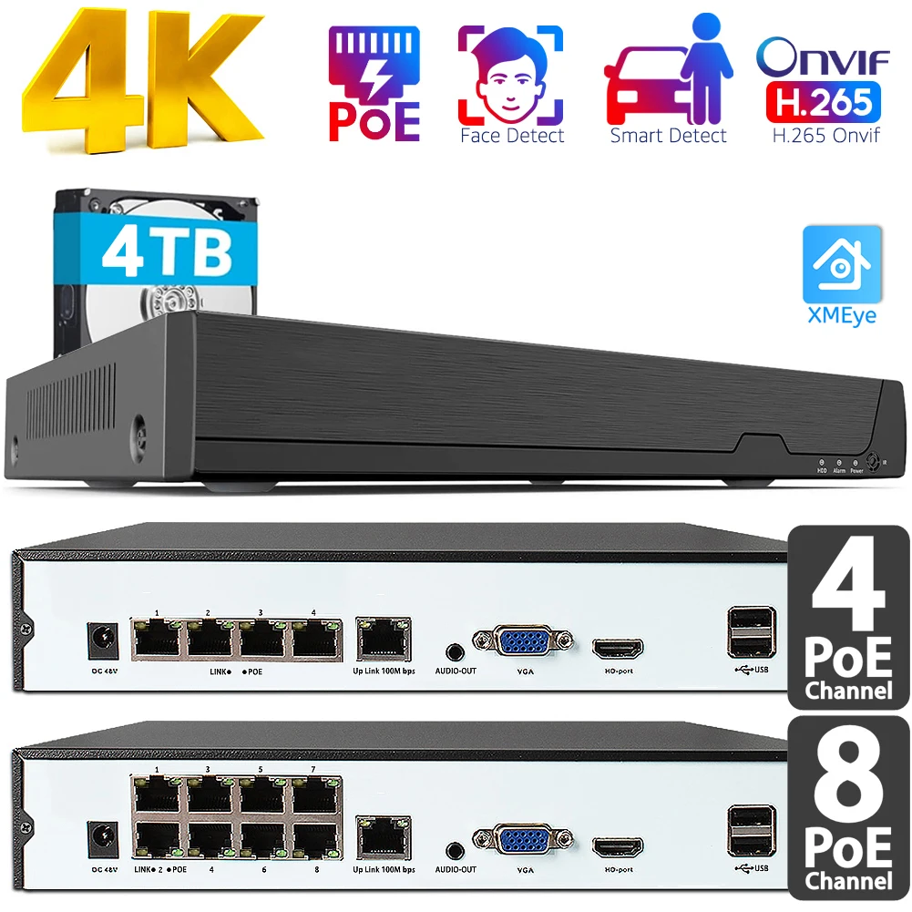 4Ch 8Ch 4K NVR POE Onvif Network Video Recorder for IP Cameras CCTV Recorders for PoE 8-Channel Power Over Ethernet NVR XMEye