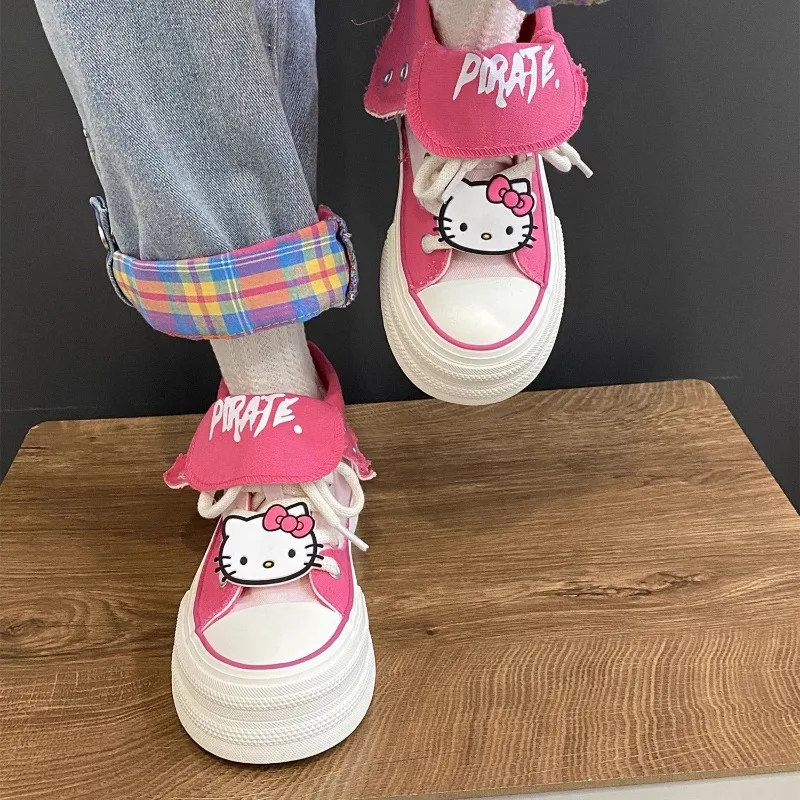 New anime Hello Kitty strappy breathable women's thick-soled non-slip wear-resistant cute casual sports high-top canvas shoes