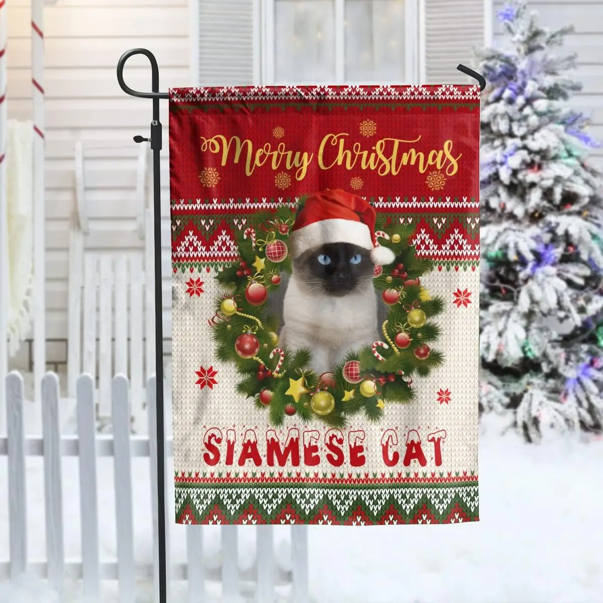 Siamese Cat Merry Christmas House Flag, Siamese Cat On Winter Wreath Xmas Garden Flag, Siamese Cat Wearing Santa Hat Wall Flag F