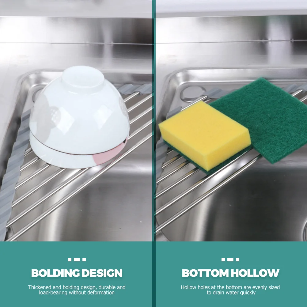 

Foldable Sink Drying Rack Heavy Duty Stainless Steel Roll Up Dish Drainer with Uniform Drain Holes for Tableware Cutlery