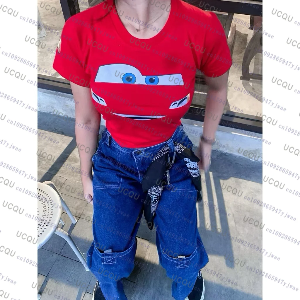 أزياء المرأة المحاصيل المحملة البرق ماكوين سيارات طباعة ثلاثية الأبعاد المرأة تي شيرت قصير الأكمام الشارع الشهير Y2K فضفاض ملابس النساء غير رسمية