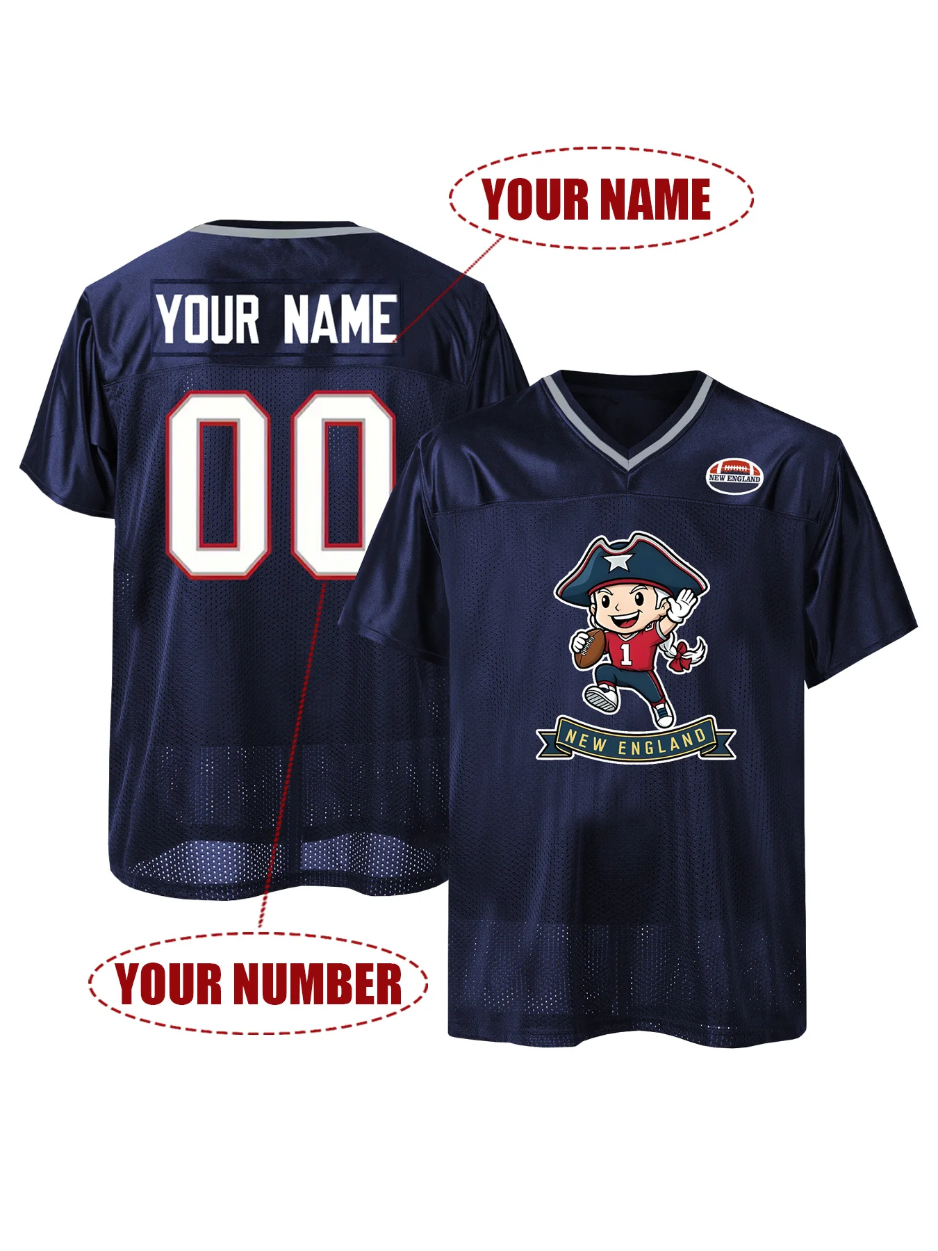Custom Football Jersey Personalized Name Number New England Cartoon Mascot Breathable T-Shirt for Men Women Game Day Fan Gift