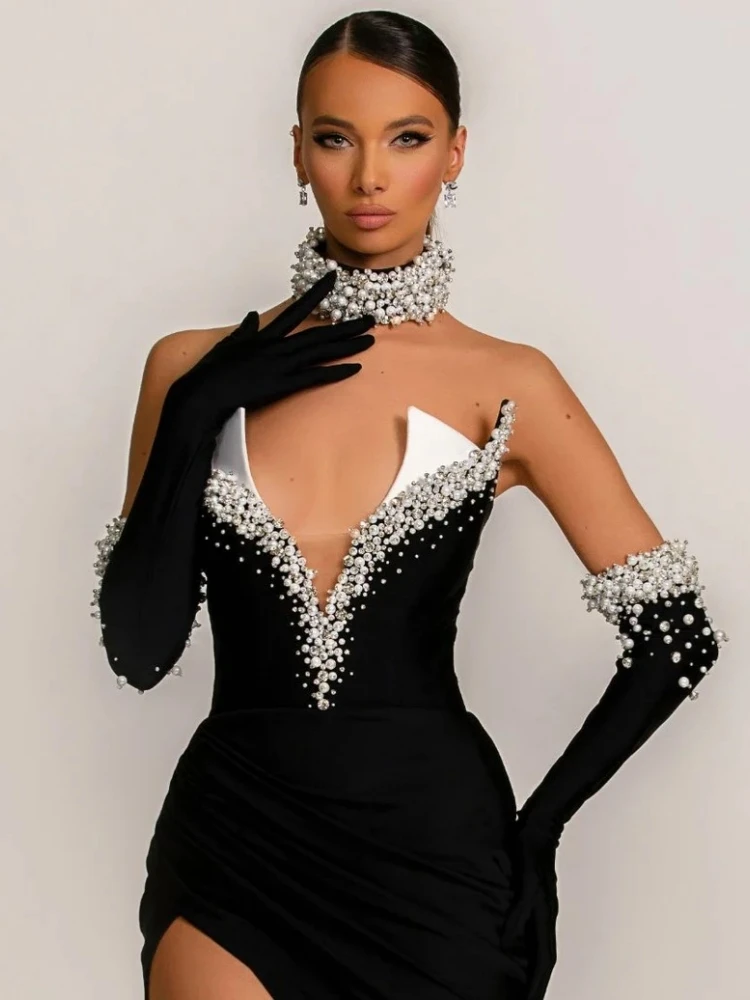 Women Black High - Slit Evening Gown with Halter Neck Crystal Embellishments Cut - out Details and Long Gloves Elegant Party